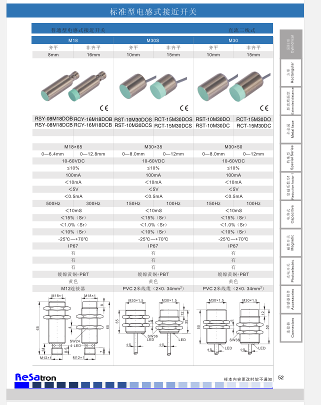 標(biāo)準(zhǔn)型電感式接近開關(guān)RSY-08M18DOB RSY-08M18DCB
